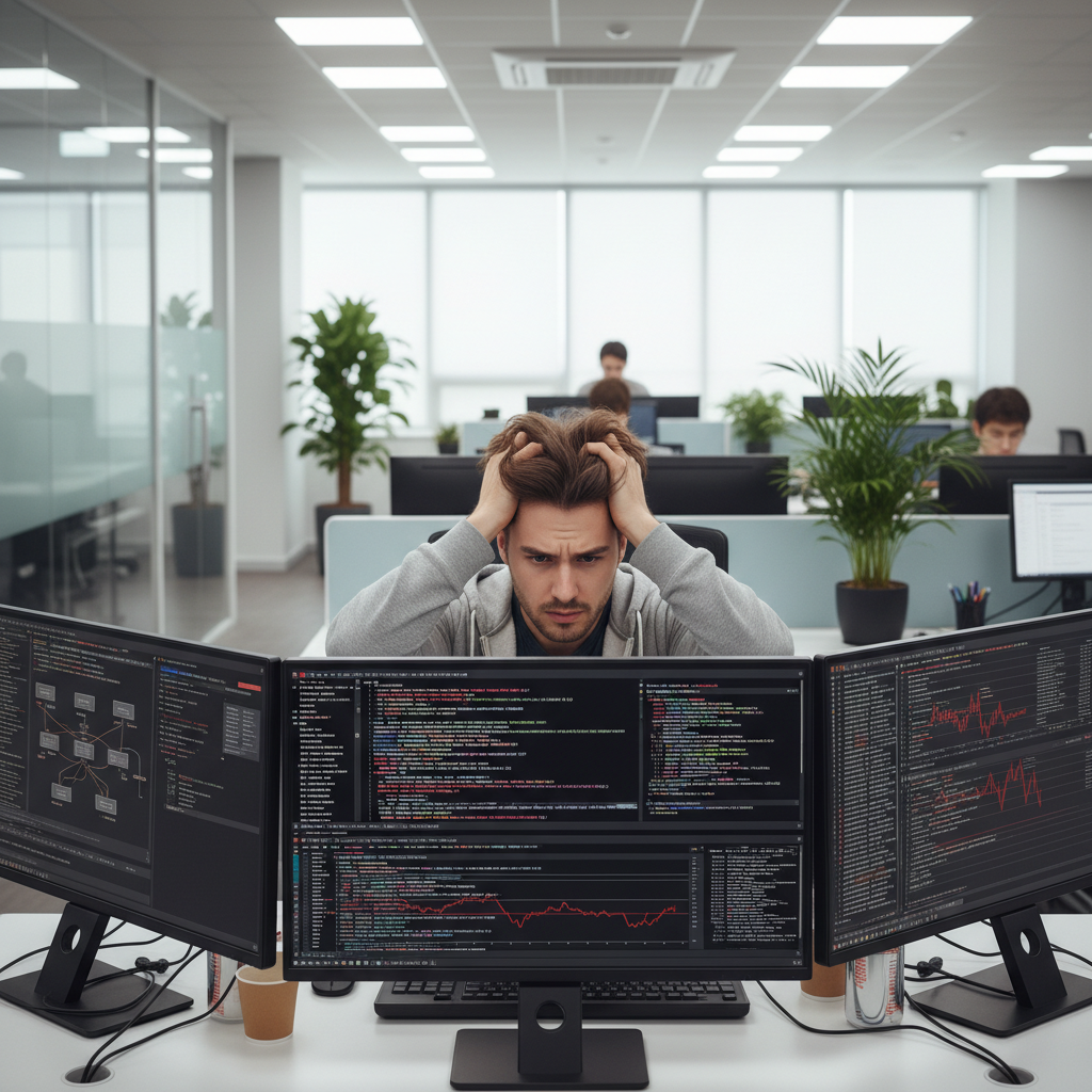 A Korean male developer looking frustrated at multiple screens with lines of code and error messages, representing the complexity of software testing. Bright, balanced lighting, modern office background, no text. Centered focus.