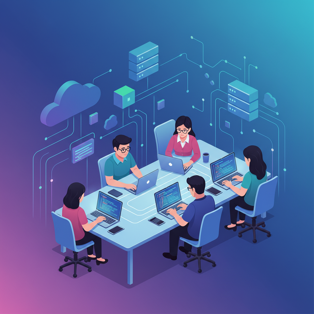 A dynamic illustration showing a diverse group of Korean developers collaboratively coding on laptops and tablets, with abstract, glowing lines representing data flow and backend infrastructure subtly in the background. The scene is set in a modern, collaborative workspace. Style: clean infographic, modern layout, high contrast. Colored background with soft gradients, no empty margins. Bright, balanced lighting. No visible text in image.