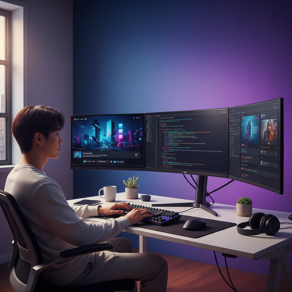 A developer sitting at a modern desk with multiple monitors displaying code and entertainment apps, vibrant purple and blue gradient background, energetic atmosphere, lifestyle photography style, natural indoor lighting, Korean appearance, casual tech workspace setting, no text in image