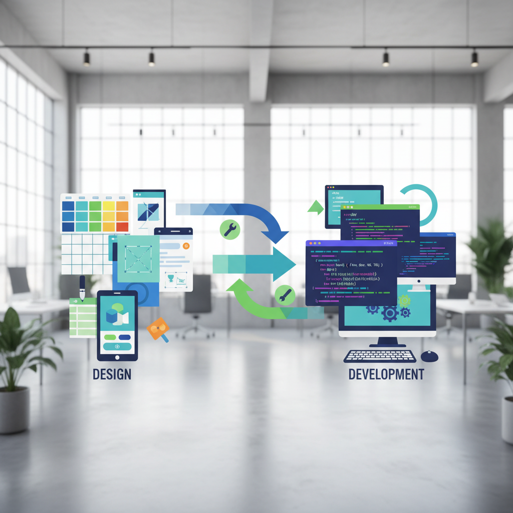 A dynamic, clean infographic showing a seamless workflow between a designer and a developer. One side features design elements, and the other side shows code snippets, with arrows indicating collaboration and integration. Modern office setting with a bright, clean background. No text.