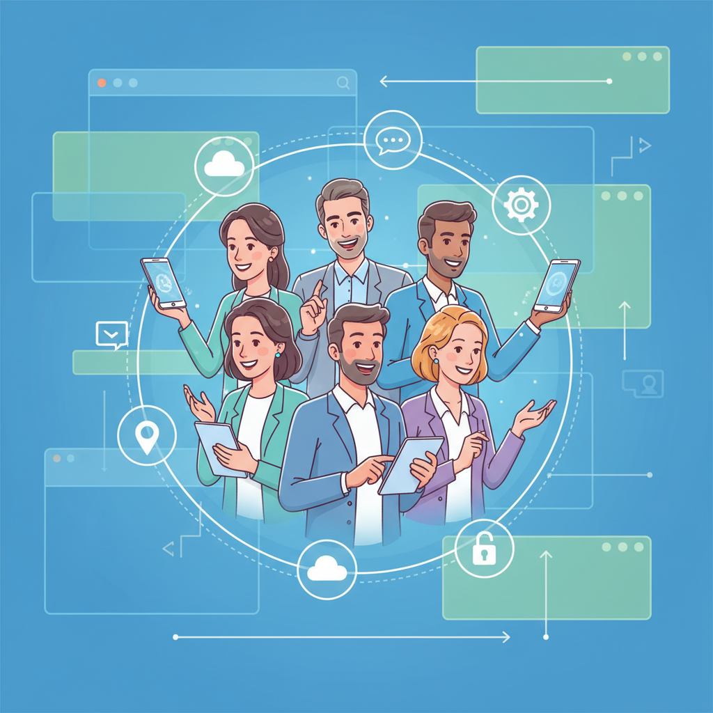 An illustration of a group of diverse developers and smartphone users smiling and looking excited, surrounded by floating app icons and digital diagrams. The background shows a clean, modern interface with elements suggesting openness and flexibility. Style: clean infographic. No text.