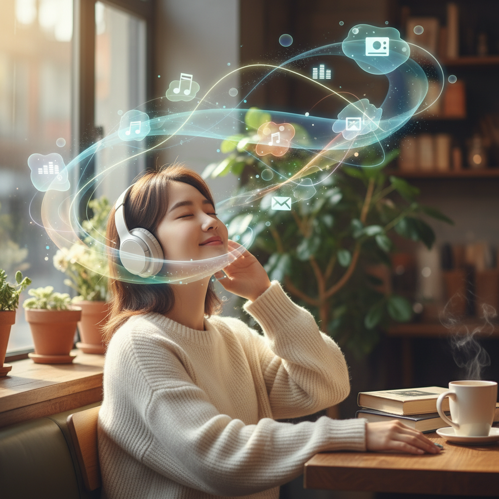 A young Korean person wearing headphones, looking relaxed and happy, immersed in music. Around their head, abstract graphical elements like thought bubbles or light streams represent personalized playlists and music recommendations. Soft, natural lighting. Lifestyle photography, no text in image.