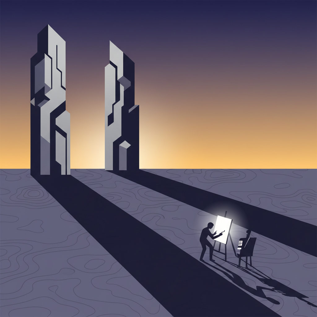 A symbolic, modern infographic. Two towering, abstract corporate structures (representing big content and big tech) cast long shadows over a small, silhouetted figure (artist) working on a canvas or instrument. The background is a gradient sunset, suggesting a complex, uncertain future. Clean lines, high contrast, textured background, no text.