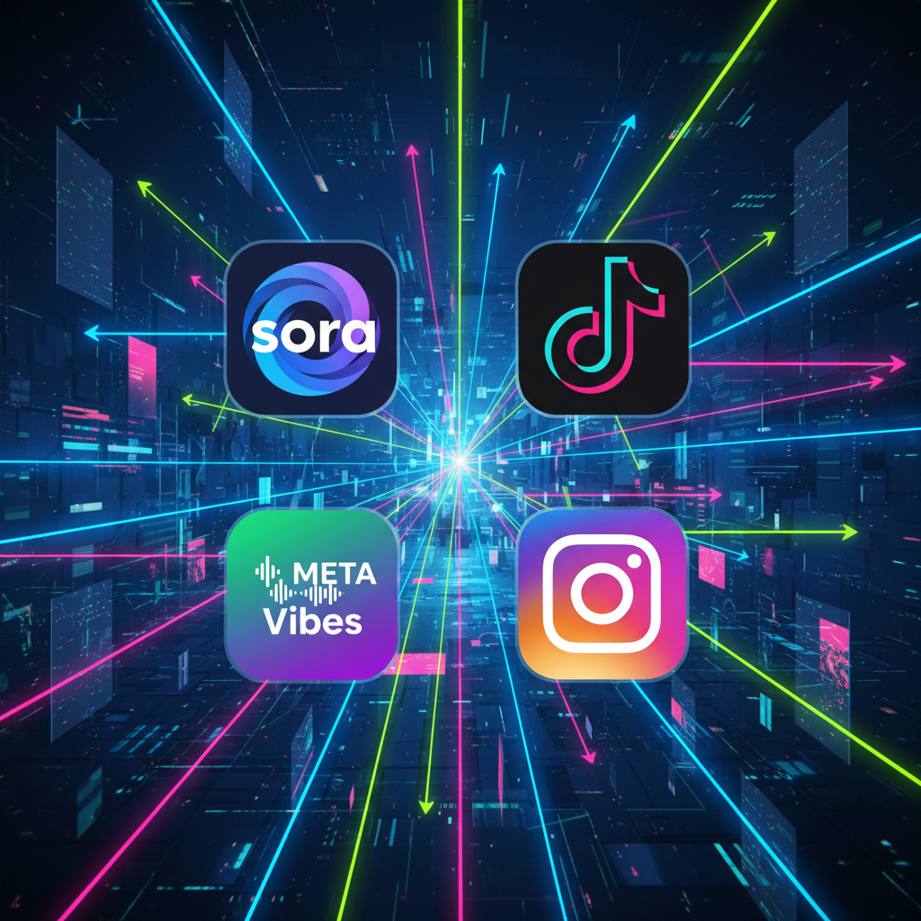A vibrant digital illustration depicting several large AI app icons (Sora, Meta Vibes, TikTok, Instagram) competing on a futuristic data network. Lines and connections symbolize competition and influence in the short-form video market. Style: clean infographic with a dynamic, energetic feel. No text in image.