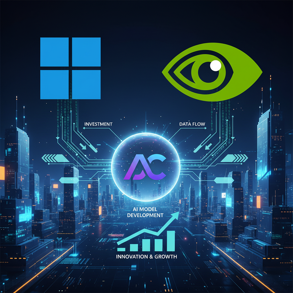 A dynamic infographic showing large tech companies (represented by stylized logos of Microsoft and Nvidia) funneling investments into a central AI model (Anthropic's Claude), set against a backdrop of a bustling digital city. Clean infographic, modern layout, high contrast. No text.