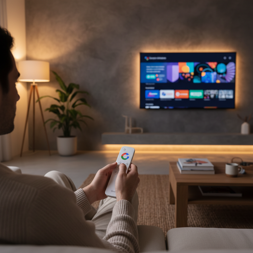 A modern living room with a person holding a Google TV Streamer remote control, cozy atmosphere with warm ambient lighting, smart TV displaying colorful interface in background, lifestyle photography, natural setting with soft shadows, rich textured walls, no text