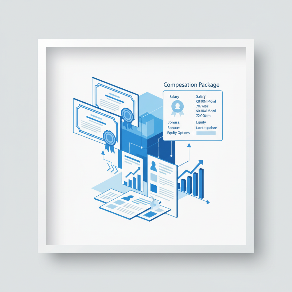 Professional financial infographic showing stock certificates and compensation package details, business documents with rising chart graphs, modern corporate design with blue and white color scheme, clean layout filling the frame, no text in image