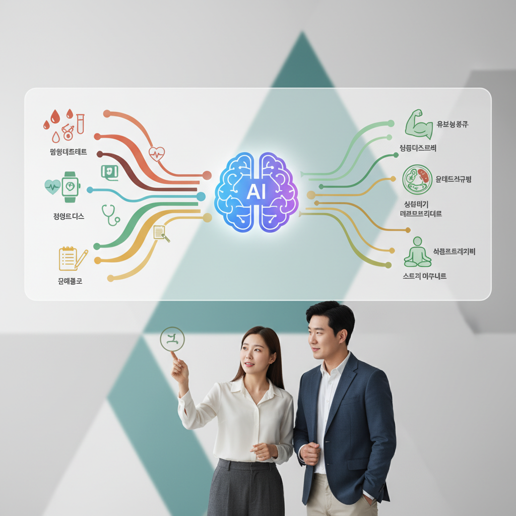A modern infographic showing various health data points (blood test results, wearable data, doctor's notes) flowing into a central AI brain icon, with personalized insights flowing out. Clean design, vibrant colors, textured background. No text. Korean appearance figures looking at a screen with health insights.