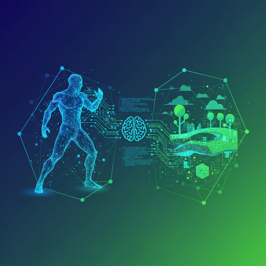 A dynamic, clean infographic showcasing the integration of AI into game development. Stylized representations of neural networks intertwining with game assets like characters, environments, and code snippets, all within a modern, high-contrast layout. Use a deep blue and vibrant green gradient background. No visible text.