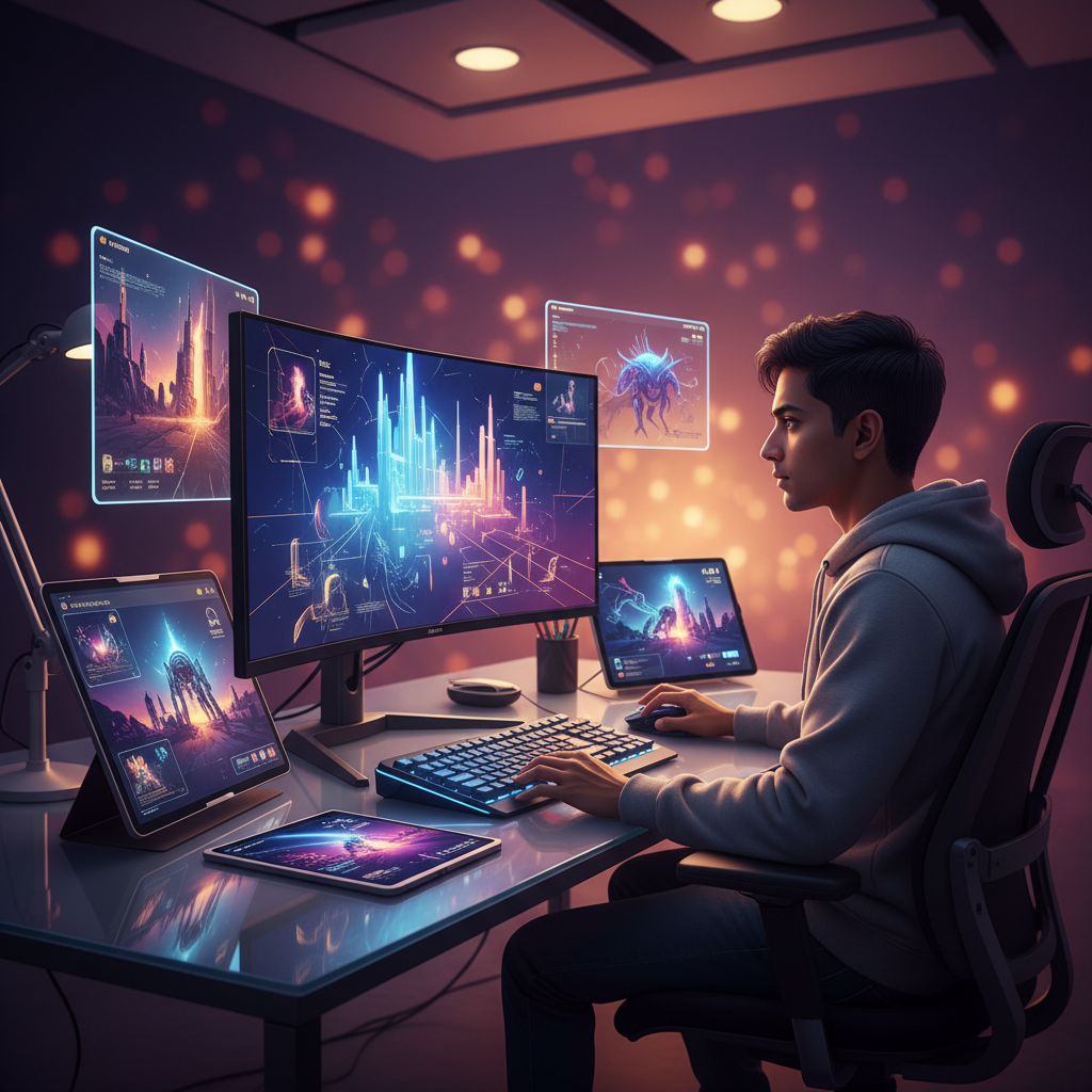 A focused lifestyle photography shot of a game developer using an AI-powered design tool on a monitor, surrounded by futuristic game concept art. Warm, inviting lighting fills the modern workspace. The developer has a natural, concentrated expression. The background is a soft gradient of purple and orange, filling the frame. No visible text.