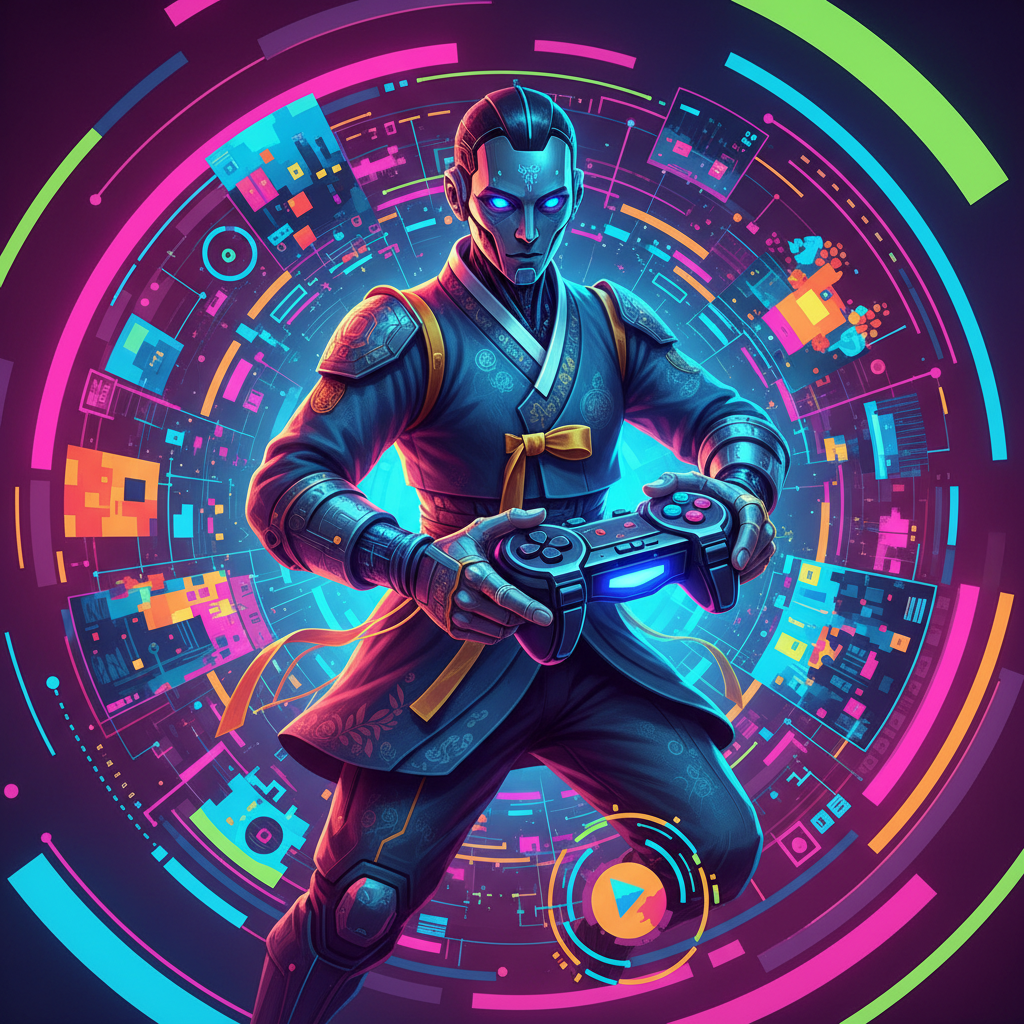 A futuristic AI agent character in a dynamic pose, holding a sleek, advanced game controller, with abstract virtual game environments swirling around it in a vibrant, high-contrast, modern infographic style. The agent has a Korean appearance and a focused expression. No text, vivid colored background.