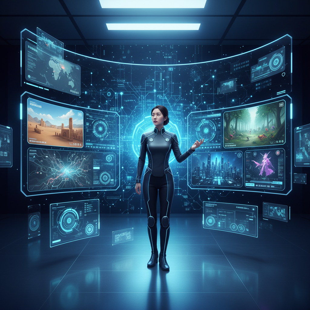 Advanced AI system interface showing game environment analysis, Korean appearance researcher observing multiple virtual game screens, high-tech laboratory setting with dark blue gradient background, glowing digital displays, futuristic technology visualization, no text, bright lighting