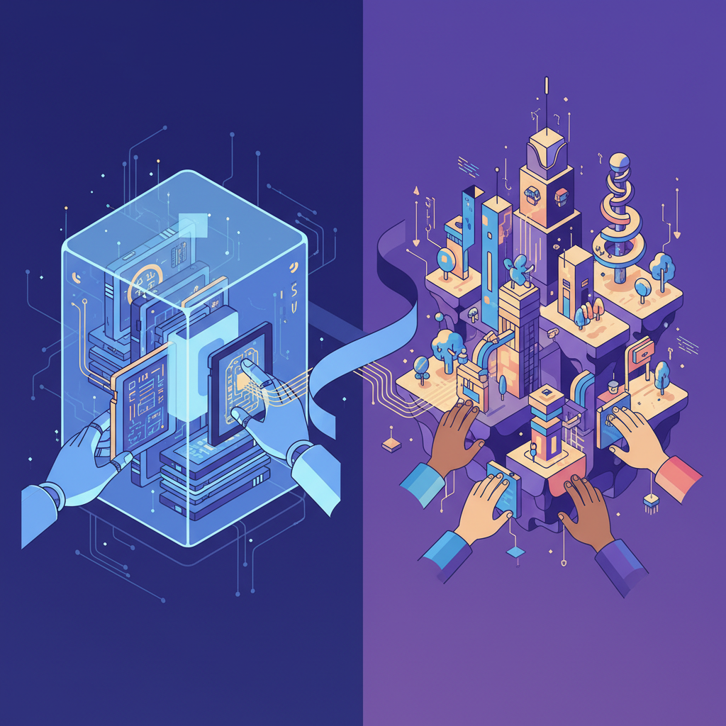 A dynamic, clean infographic illustrating the concept of digital preservation and community creativity. On one side, ancient-looking digital tablets (representing old game code) are being carefully archived in a secure, glowing vault. On the other side, various stylized hands are building new, vibrant digital structures from the archived code, symbolizing new creations and community development. The background is a soft, textured gradient of deep blues and purples. Style: modern illustration, high contrast, minimalist with strong visual metaphors. No visible text.