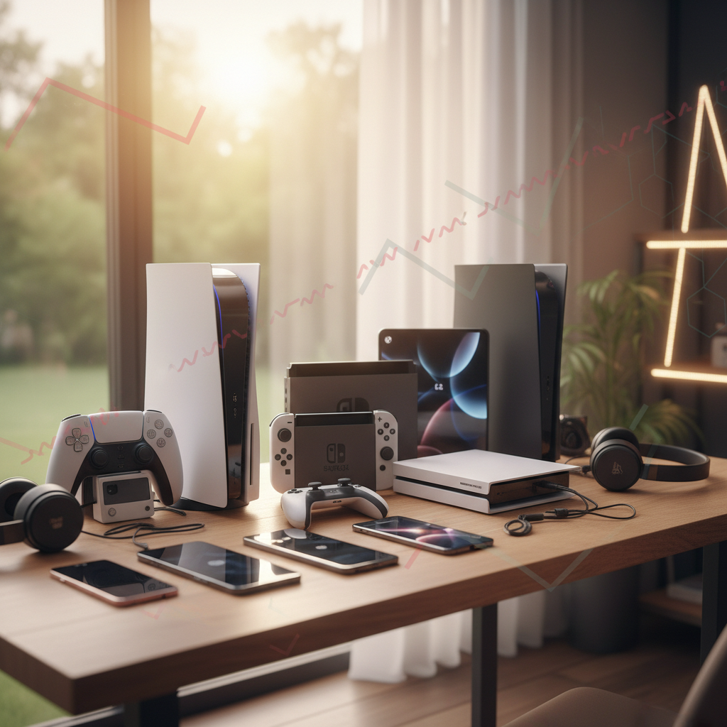 lifestyle photography, natural setting, a collection of popular game consoles and smartphones on a desk, with a faint, almost transparent layer of 'out of stock' or 'price hike' symbols overlaid, suggesting impact. No visible text. Soft, warm-toned background with subtle tech elements.
