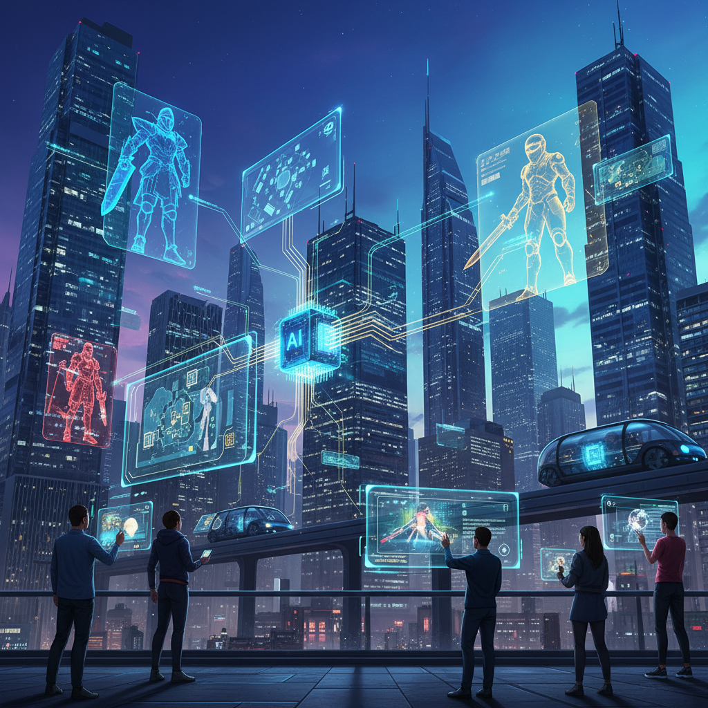 Futuristic cityscape where gaming elements like character holograms and AI interfaces are seamlessly integrated. The scene is vibrant and dynamic, showing both human interaction with technology and advanced AI systems in action. Style: clean infographic, modern layout, high contrast. No visible text in image. Colored background.