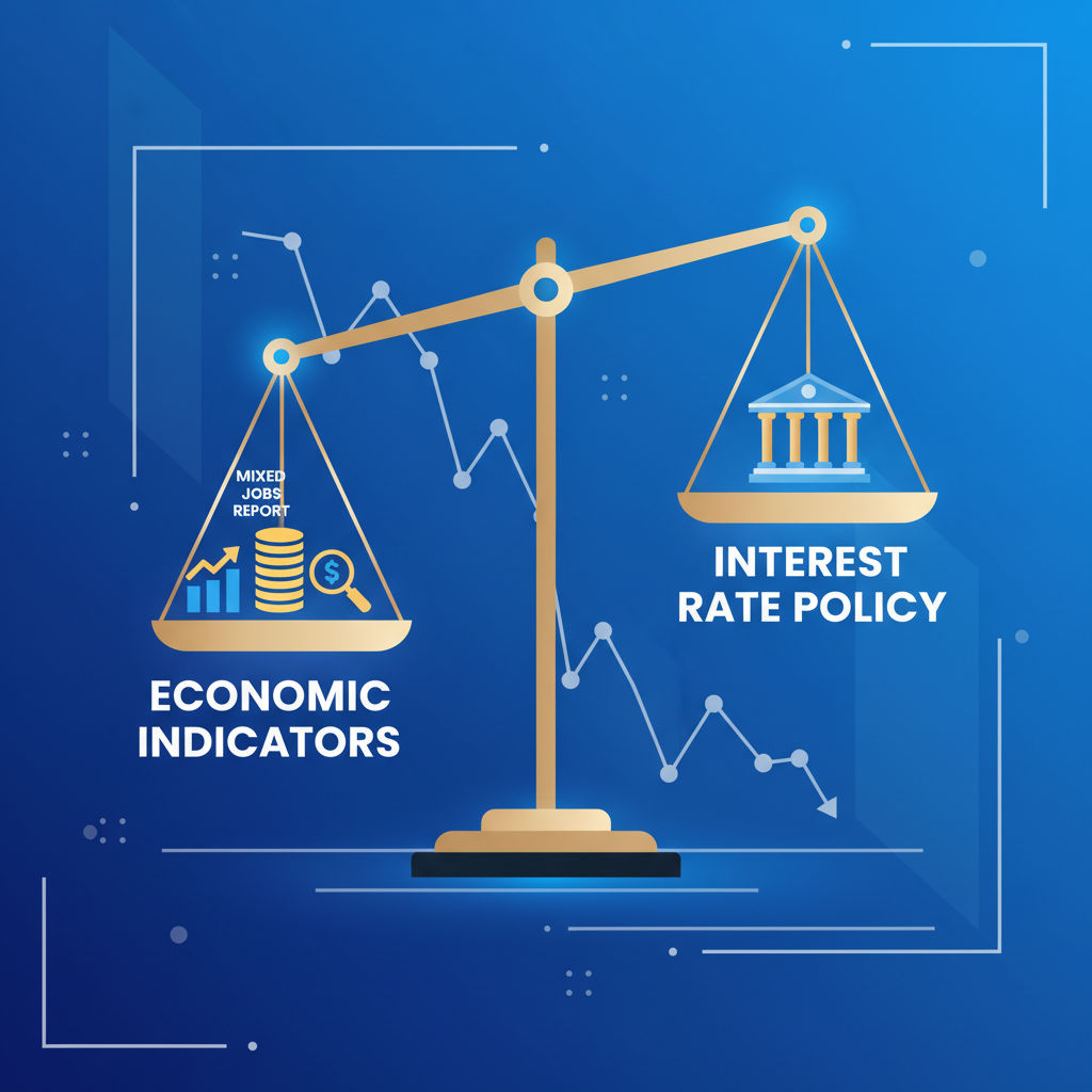 A clean infographic illustrating a balance scale. On one side are "Economic Indicators" (representing mixed jobs report, inflation data), and on the other side is "Interest Rate Policy" (represented by a central bank building). The scale is slightly tilted, showing its impact on a stock market graph in the background. Modern layout, high contrast, colored background. No visible text in image.