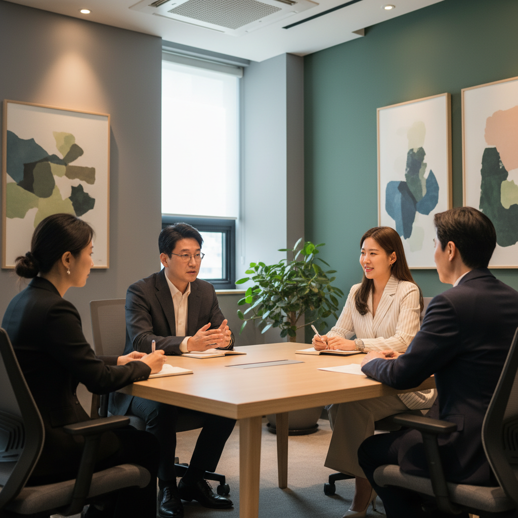 Professional interview setting with Korean business people having meaningful conversation, modern meeting room with warm ambient lighting, natural body language showing engagement and trust, contemporary interior design with soft gray and green tones, documentary style photography capturing authentic moment