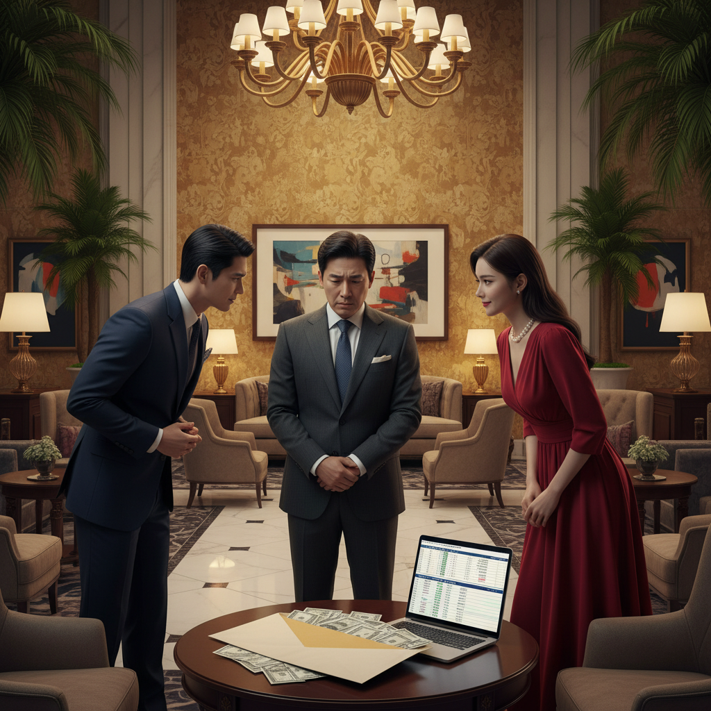 A luxurious hotel lobby with a Korean businessman in a suit looking concerned, while two well-dressed scam artists with subtle, deceptive smiles interact with him. Elements like a crisp cash envelope on a table and a laptop are visible. The setting is opulent, with warm lighting and a textured background. No visible text.