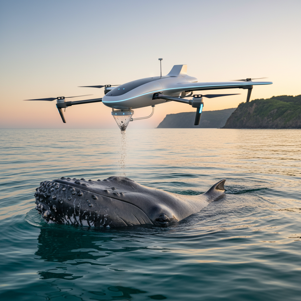 A drone gently flying near a whale's blowhole, collecting samples without disturbing the animal. Focus on the drone's advanced features and the whale's calm demeanor. Style: lifestyle photography, warm lighting, natural setting. No visible text in image. Colored background.