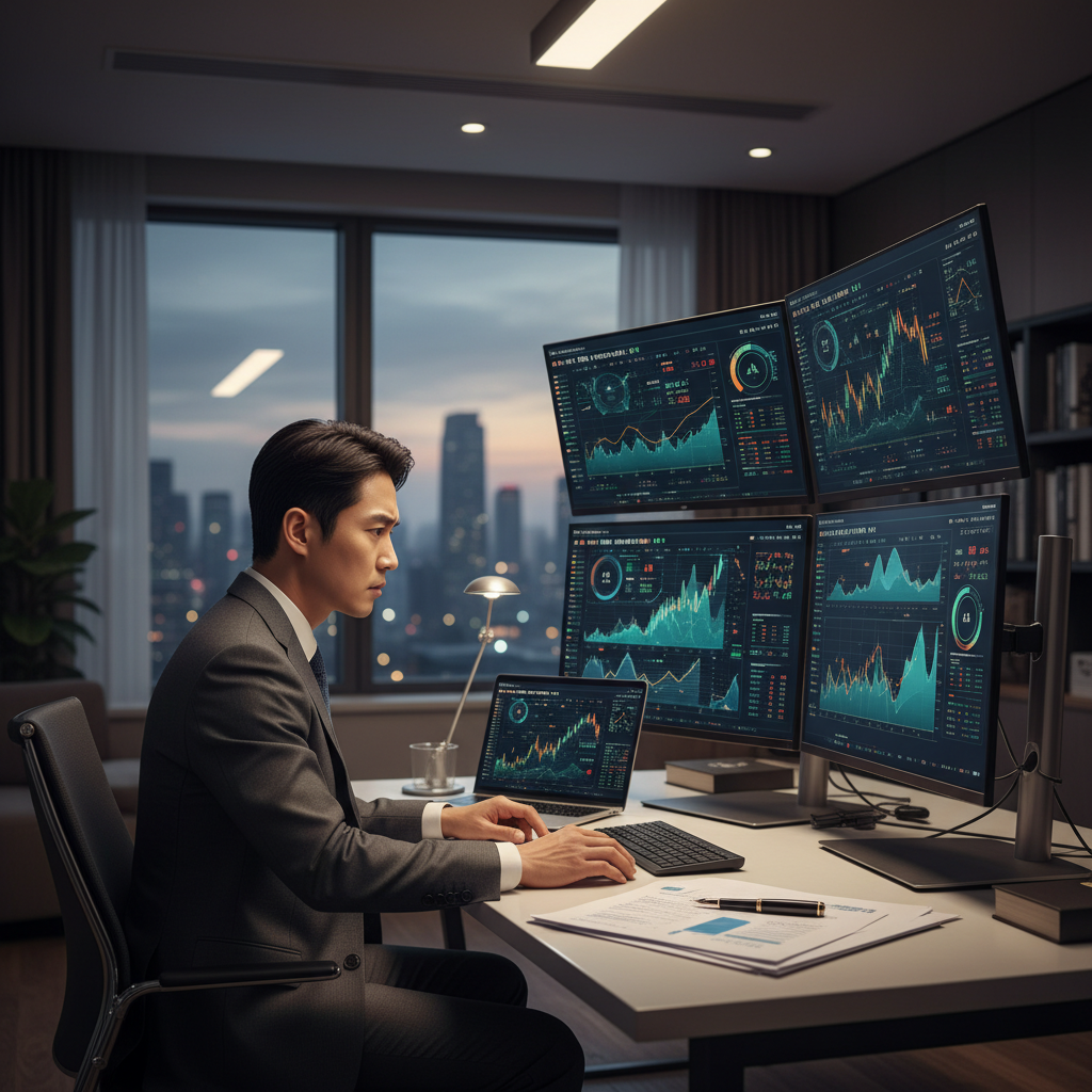 A thoughtful Korean investor in business suit analyzing multiple computer screens showing AI company stocks and financial data, modern home office setting, concerned expression, realistic lifestyle photography, evening ambient lighting, laptop and documents on desk, professional atmosphere, no text in image