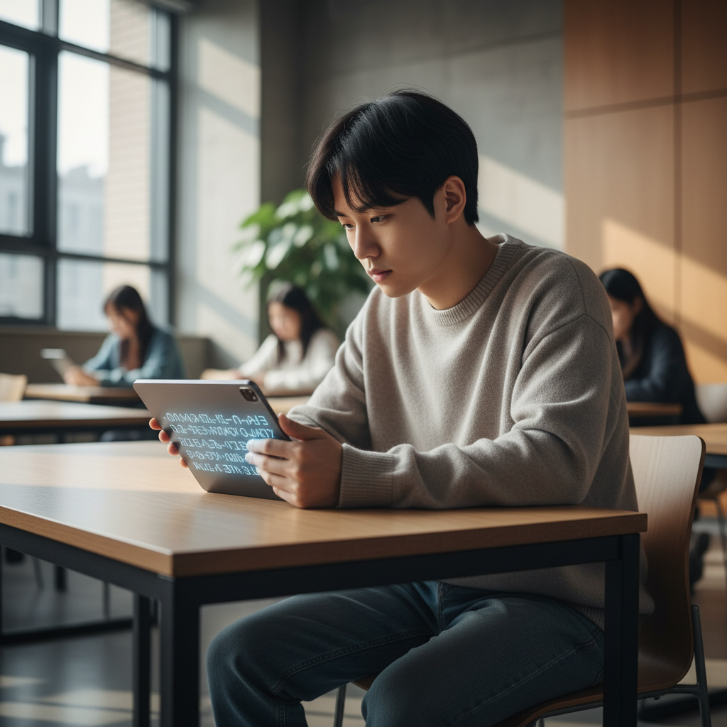 A Korean student sitting at a desk, looking thoughtfully at a tablet displaying AI-generated text, with a blurred modern classroom background. The lighting is soft and natural, emphasizing a contemplative mood. Style: realistic, modern lifestyle photography. No text.