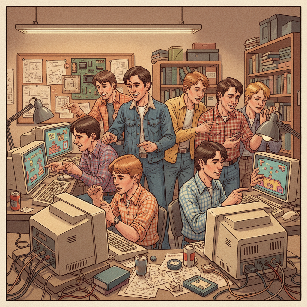A bustling illustration of an early 1980s video game development studio. Developers are gathered around bulky computers, enthusiastically collaborating. Screens display pixelated game graphics. The atmosphere is energetic and creative, with warm, retro lighting and a textured, slightly worn background. No visible text. Style: illustration, artistic rendering.