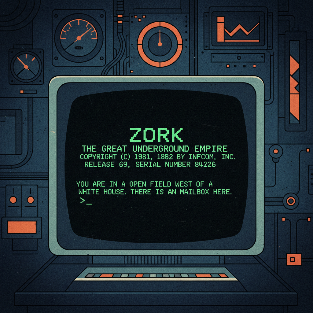 A vintage computer screen displaying green pixelated text of a classic text adventure game like Zork. The screen shows lines like "You are in an open field west of a white house." and a command prompt. The background is a dimly lit, slightly textured, retro-futuristic command center with a focus on the screen. Style: retro illustration with modern clean lines, high contrast. No actual visible text except for the simulated game text on screen.