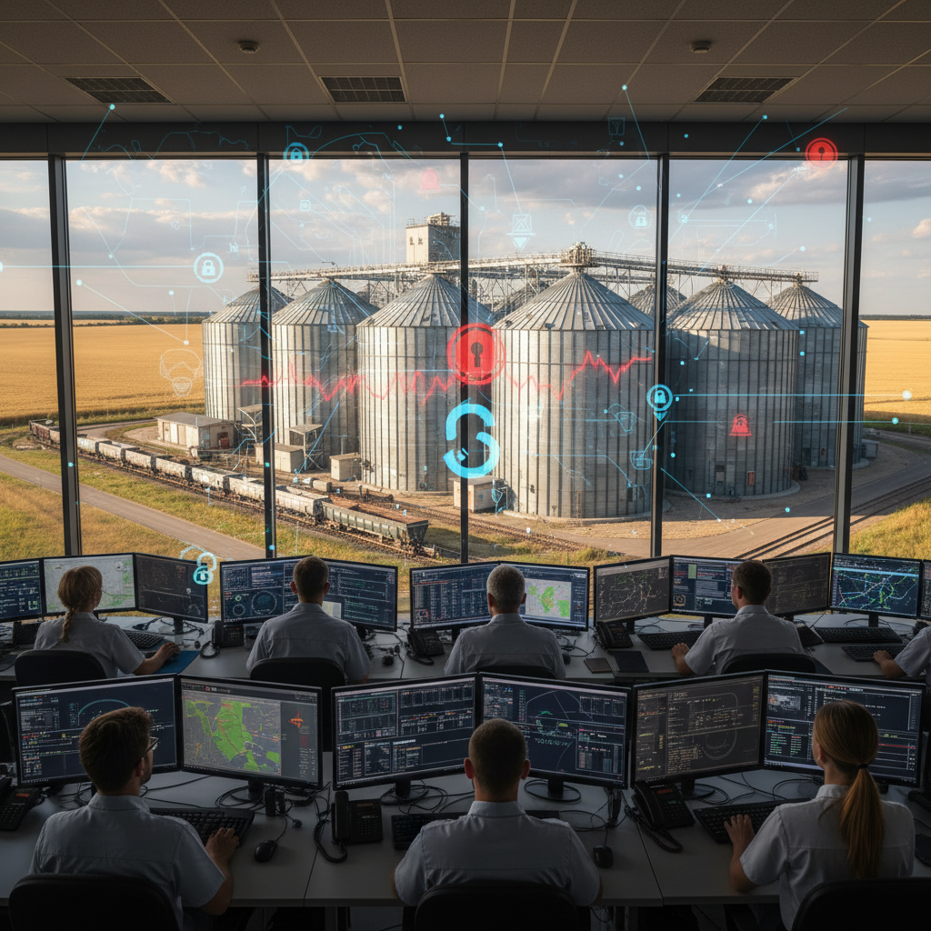 Ukrainian grain storage facility with computer systems and logistics networks, modern agricultural technology, golden wheat in background, industrial setting with digital overlay showing cyber threat, realistic photography, no text in image
