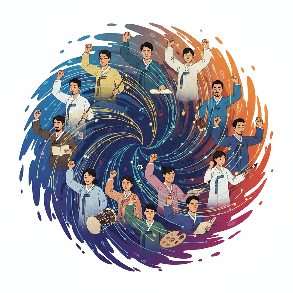 A vibrant, clean infographic illustrating collective action. A diverse group of Korean artists (musicians, painters, writers) are standing together, linked by glowing lines, symbolizing unity and solidarity. They are raising their hands in a gesture of collective strength. Dynamic composition, modern layout, high contrast, textured background, no text.