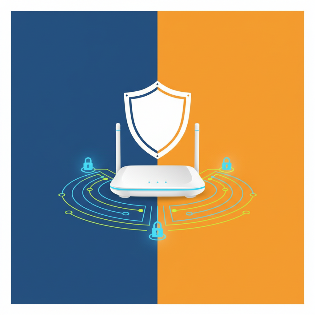 Modern infographic illustrating cybersecurity measures for home routers: a shield icon over a router, padlock symbols, and abstract data flow lines. Clean, high contrast, colored background. No visible text. Style: clean infographic, modern layout, high contrast
