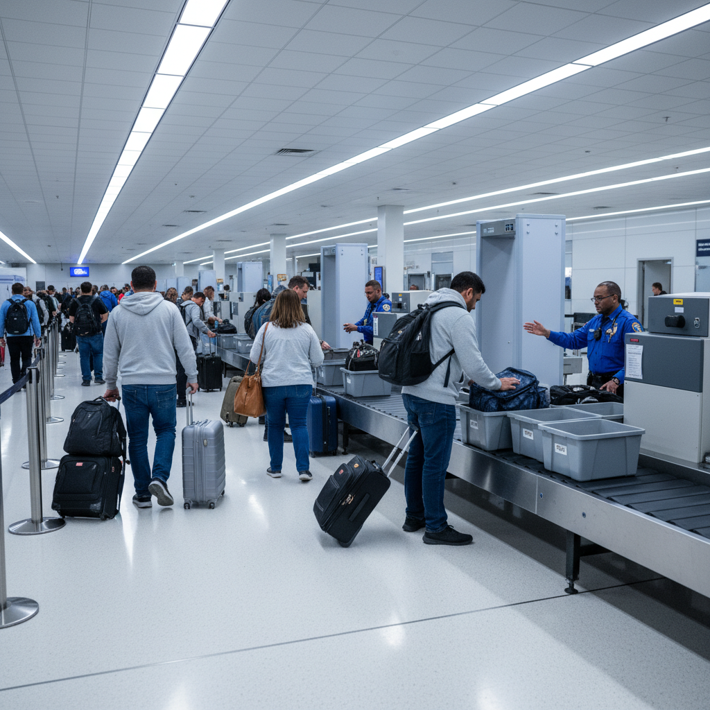 Wide angle shot of airport security area with travelers moving through TSA checkpoint, modern airport interior with bright fluorescent lighting, security equipment and conveyor belts visible, people in casual travel attire carrying luggage, clean professional airport atmosphere with blue and gray color palette, realistic travel photography, no text
