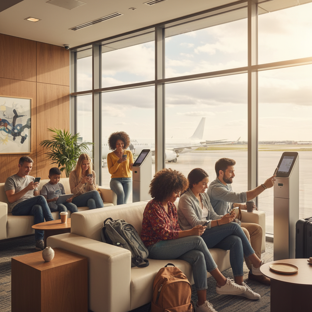 Lifestyle photography of diverse travelers at an airport, actively using their smartphones for boarding passes and checking flight information. The setting is a bright, modern airport lounge with a large window showing an airplane outside. Emphasize natural expressions and warm lighting. Style: lifestyle photography, warm lighting, natural setting. No text.