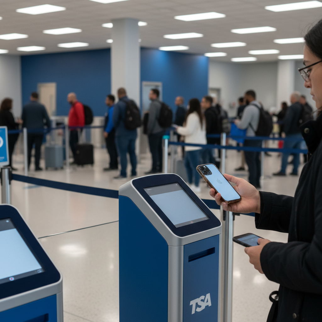 A modern airport security checkpoint scene showing a traveler holding an iPhone near a TSA identity reader device, bright overhead lighting, professional airport environment with blue and gray tones, realistic photography style, people in background waiting in line, clean contemporary setting, no text in image
