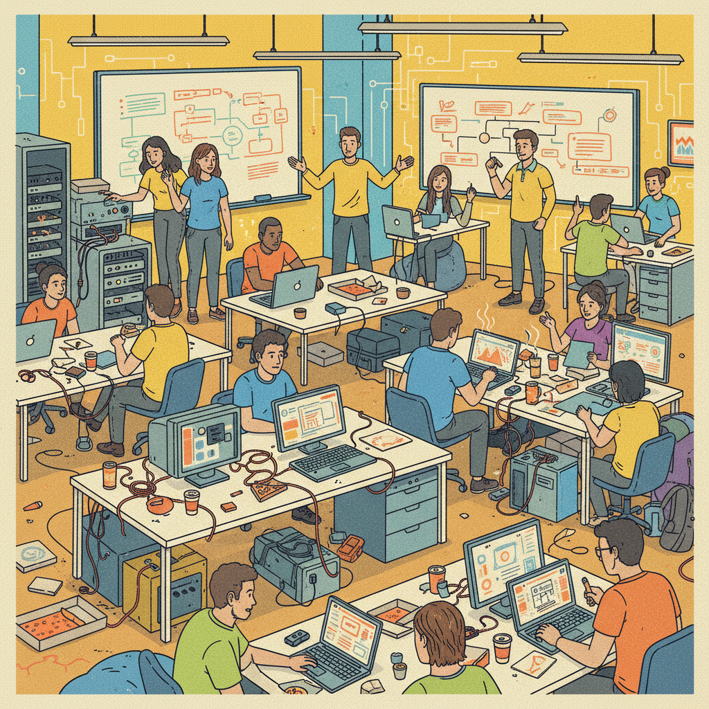 An illustration of a bustling, slightly chaotic startup incubator environment reminiscent of early Y Combinator days. People are actively collaborating, brainstorming, but with an underlying sense of disorganized energy. Focus on diverse groups of entrepreneurs and a dynamic atmosphere. Style: vibrant illustration with a hint of retro tech. No text in image.