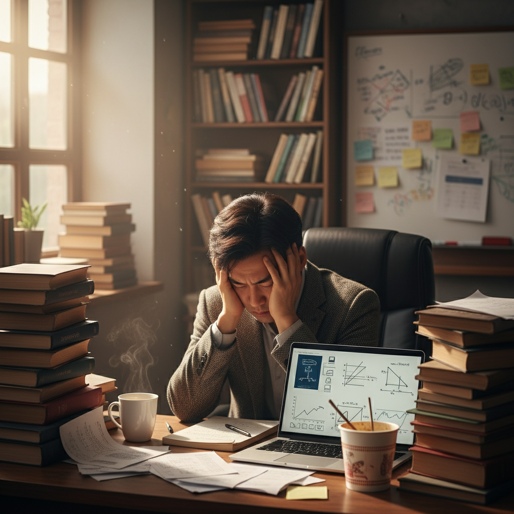 A Korean university lecturer looking tired and stressed, surrounded by piles of books, papers, and an open laptop displaying complex teaching materials. The setting is a cluttered office or study room, emphasizing a heavy workload. Natural, warm lighting, textured background, no visible text. Style: lifestyle photography.