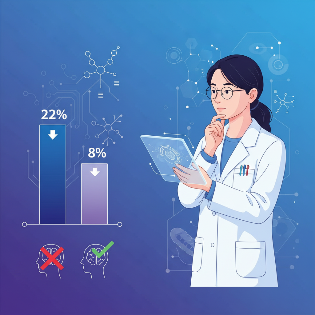 Clean infographic showing stress hormone reduction statistics, bar chart comparing 22% vs 8% decrease, modern layout with gradient blue and purple background, scientific illustration style, Korean researcher in lab coat examining data, high contrast, no text