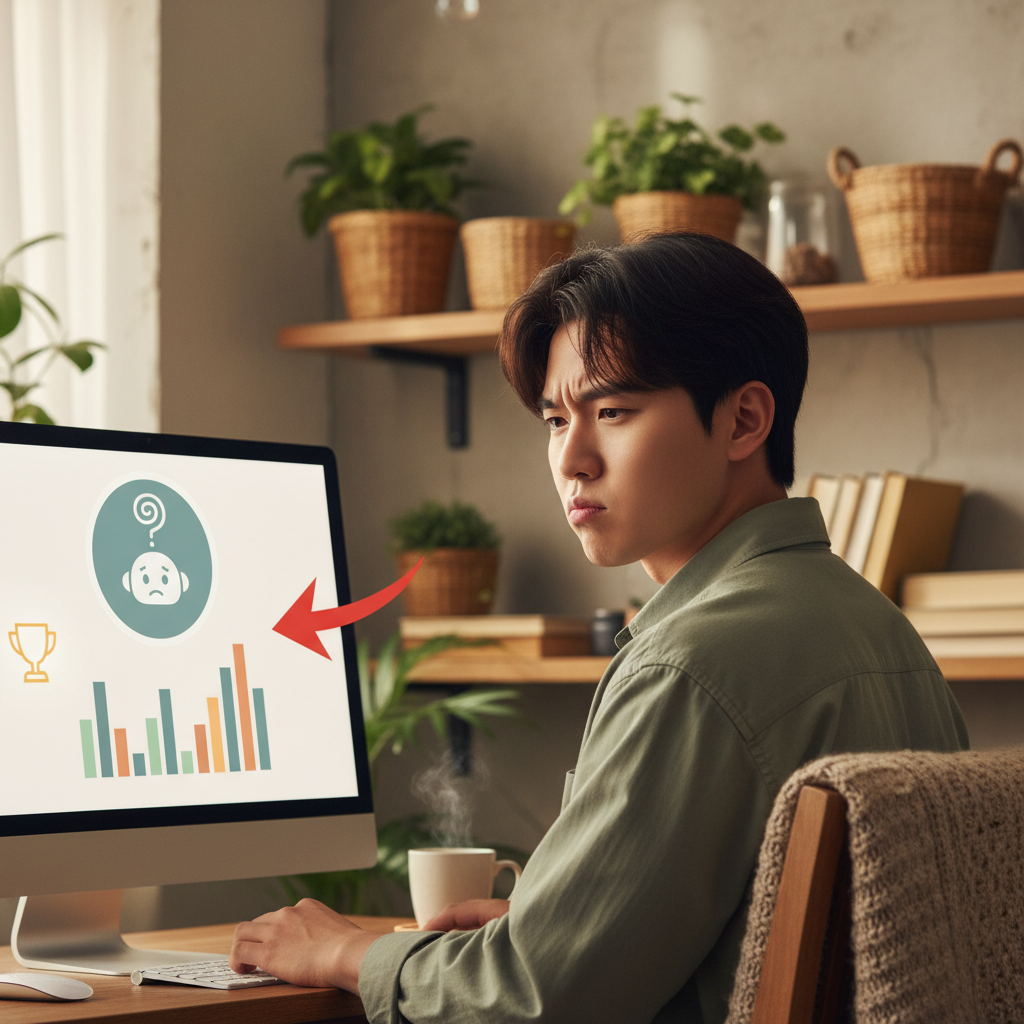 A person with a slightly frustrated expression, looking at a computer screen displaying a confused AI assistant icon. The screen shows ambiguous results, highlighting the discrepancy between ad claims and real performance. Style: lifestyle photography, warm lighting, natural setting, textured background. No visible text. Korean appearance.