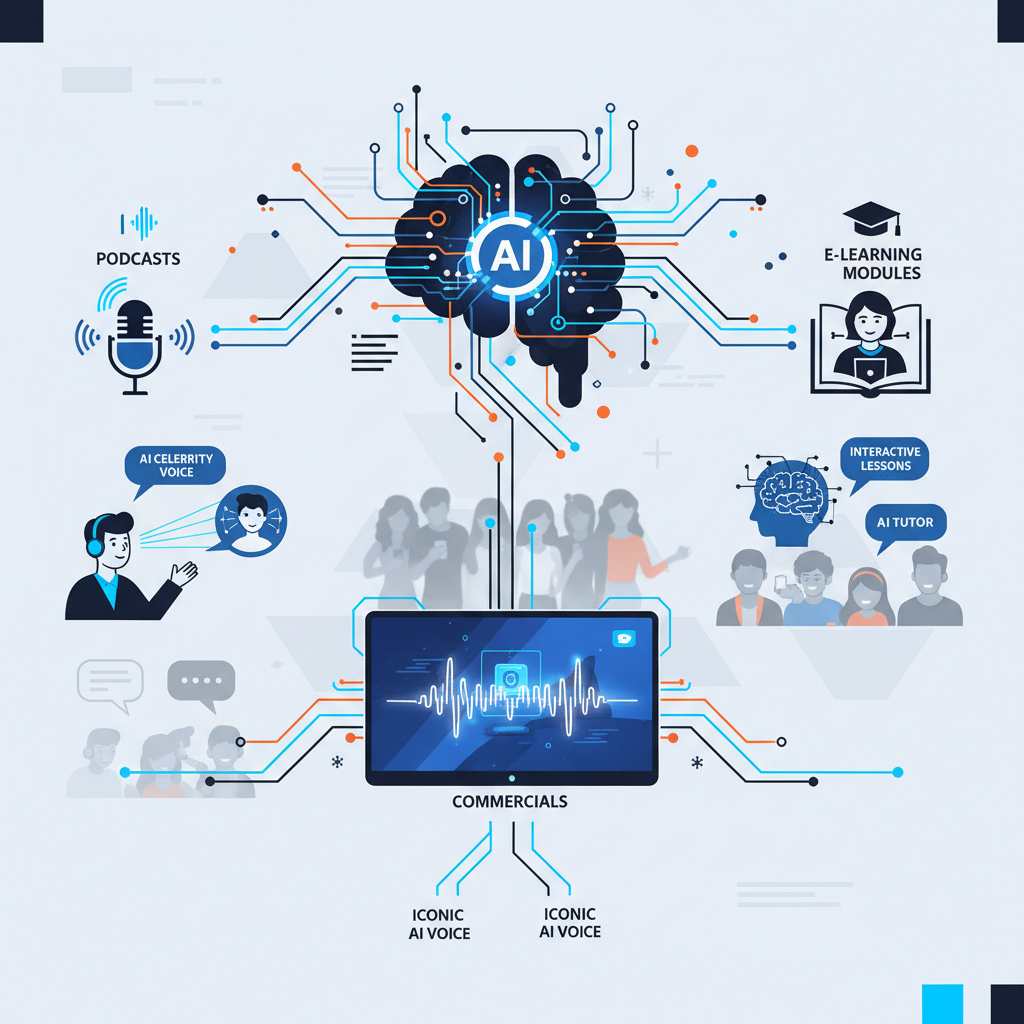 A modern infographic showing the integration of AI voices into advertisements and various content types. Depicts diverse scenarios like a podcast host speaking with an AI celebrity voice, a commercial featuring an iconic AI voice, and an e-learning module. The visual style should be clean, high contrast, and dynamic, showcasing the impact of AI audio. No text. Korean appearance people in the background are subtly visible.
