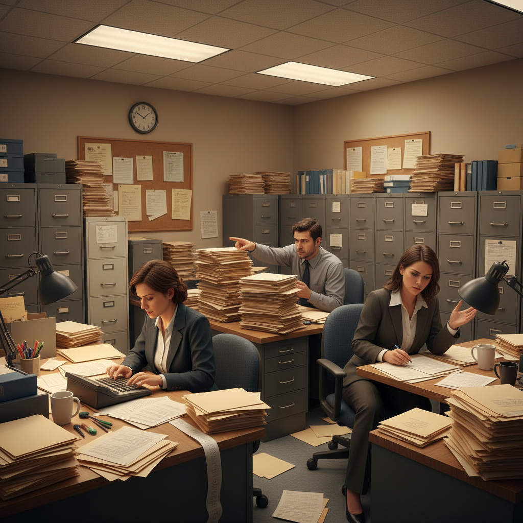 Overwhelmed prison administrative office with stacks of paper documents, filing cabinets, calculators, and stressed staff members reviewing release papers, warm office lighting, realistic workplace scene, no text