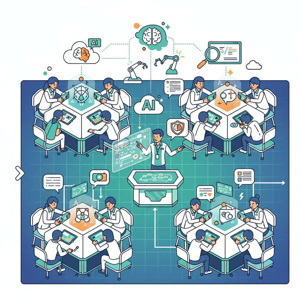 An overhead shot of a modern classroom where a Korean teacher and students are using various AI tools. The scene shows collaborative learning, with students working in groups and the teacher facilitating discussions about the responsible use of AI in their studies. Style: clean infographic, modern layout, high contrast. No visible text in image. No Korean characters.