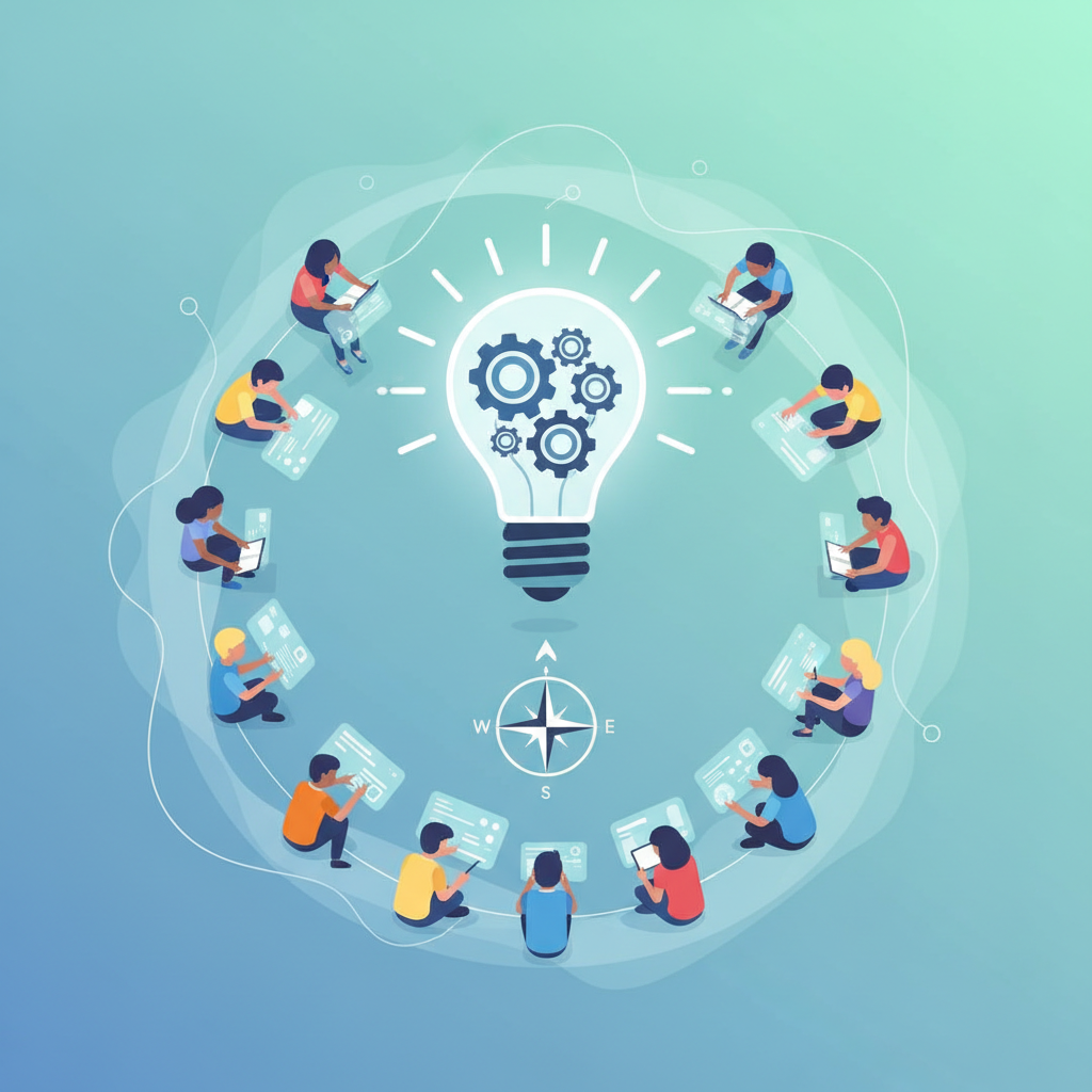 An infographic with various icons representing education reform. Include symbols like a lightbulb for ideas, gears for system change, a compass for direction, and diverse students learning together. Emphasize a forward-thinking, adaptive educational approach. Clean, modern design, no text.