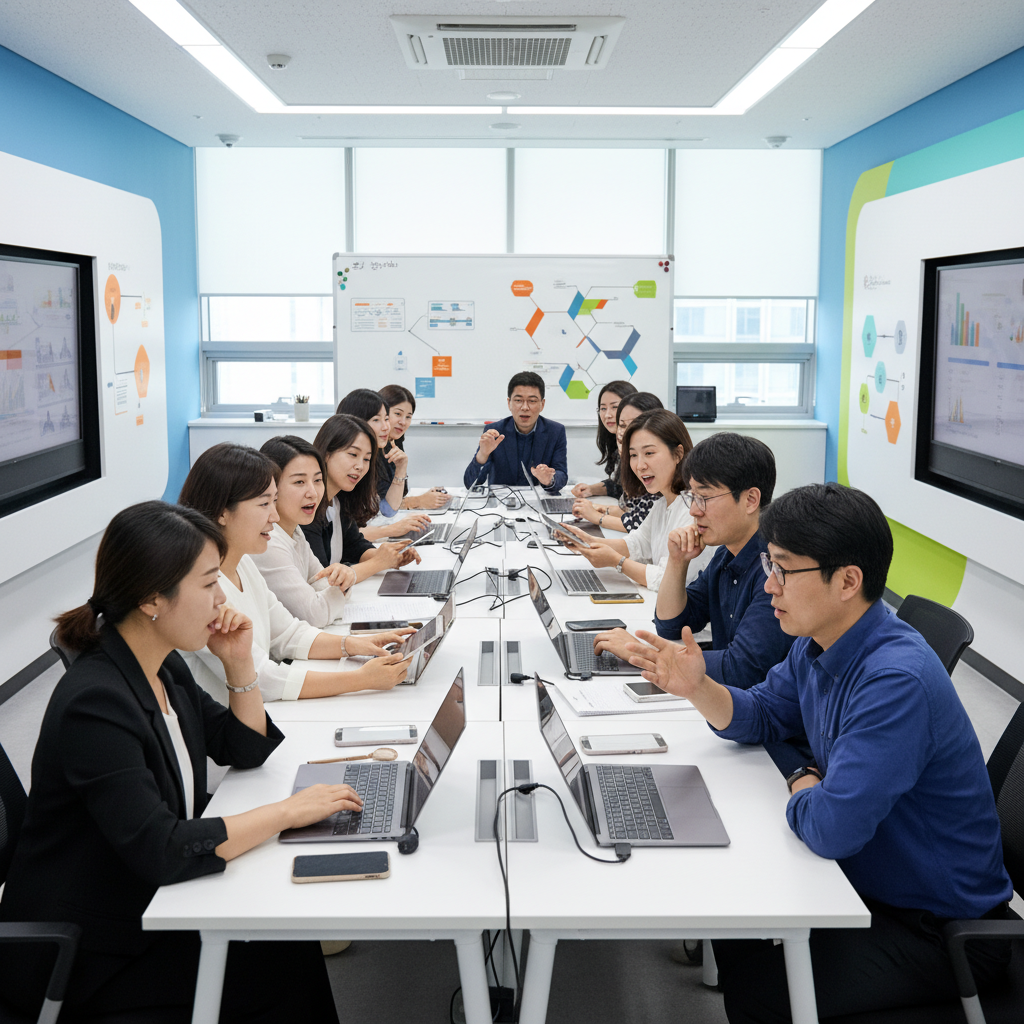 A diverse group of teachers, with Korean appearances, actively participating in an AI training workshop in a modern classroom setting. They are engaged with tablets and laptops, showing expressions of curiosity and learning. The background is a bright, tech-integrated classroom with subtle educational infographics. Clean infographic, modern layout, high contrast. No visible text in image. No Korean characters.