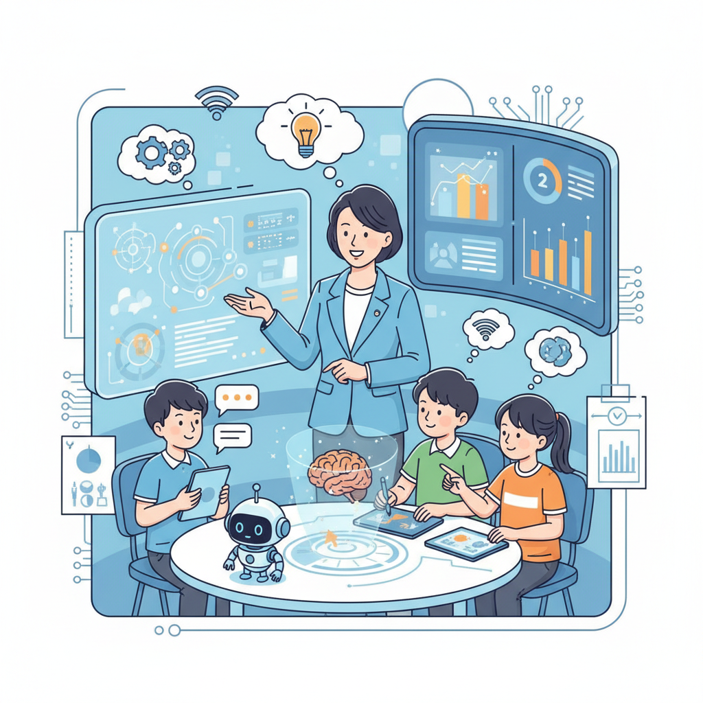 A clean infographic illustrating a teacher and several Korean students interacting with various AI tools in a blended learning environment. Show elements like interactive screens, smart devices, and collaborative discussions. Style: clean infographic with clear icons and bright colors. No text.