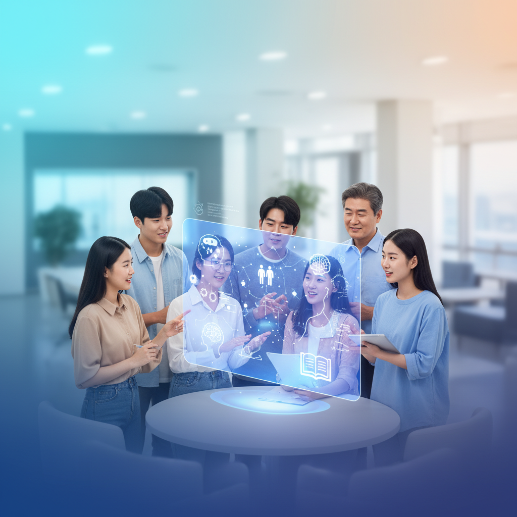 A diverse group of Korean students and a professor in a modern university setting, engaged in a discussion about the future of education with AI. They are looking at a holographic projection showing concepts related to AI and learning. The atmosphere is collaborative and forward-thinking. Style: clean infographic, modern layout, high contrast. No visible text, gradient background, centered focus.