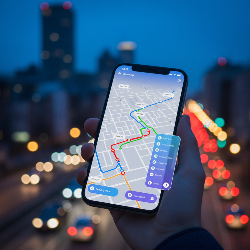 Smartphone screen showing live traffic conditions on map with route alternatives, red and green traffic indicators, modern UI design, hand holding phone, realistic lighting, urban background with blurred city lights, gradient blue background, clean interface, no text overlays