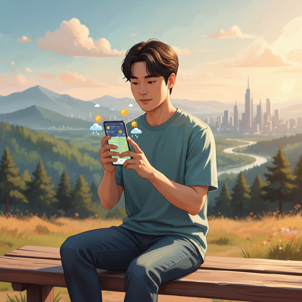 lifestyle photography, warm lighting, natural setting. A Korean person looking at a smartphone screen showing a detailed weather forecast on Google Maps, with a subtle cityscape or nature background. Centered focus, visually rich, no empty margins, colored background. No visible text in image.
