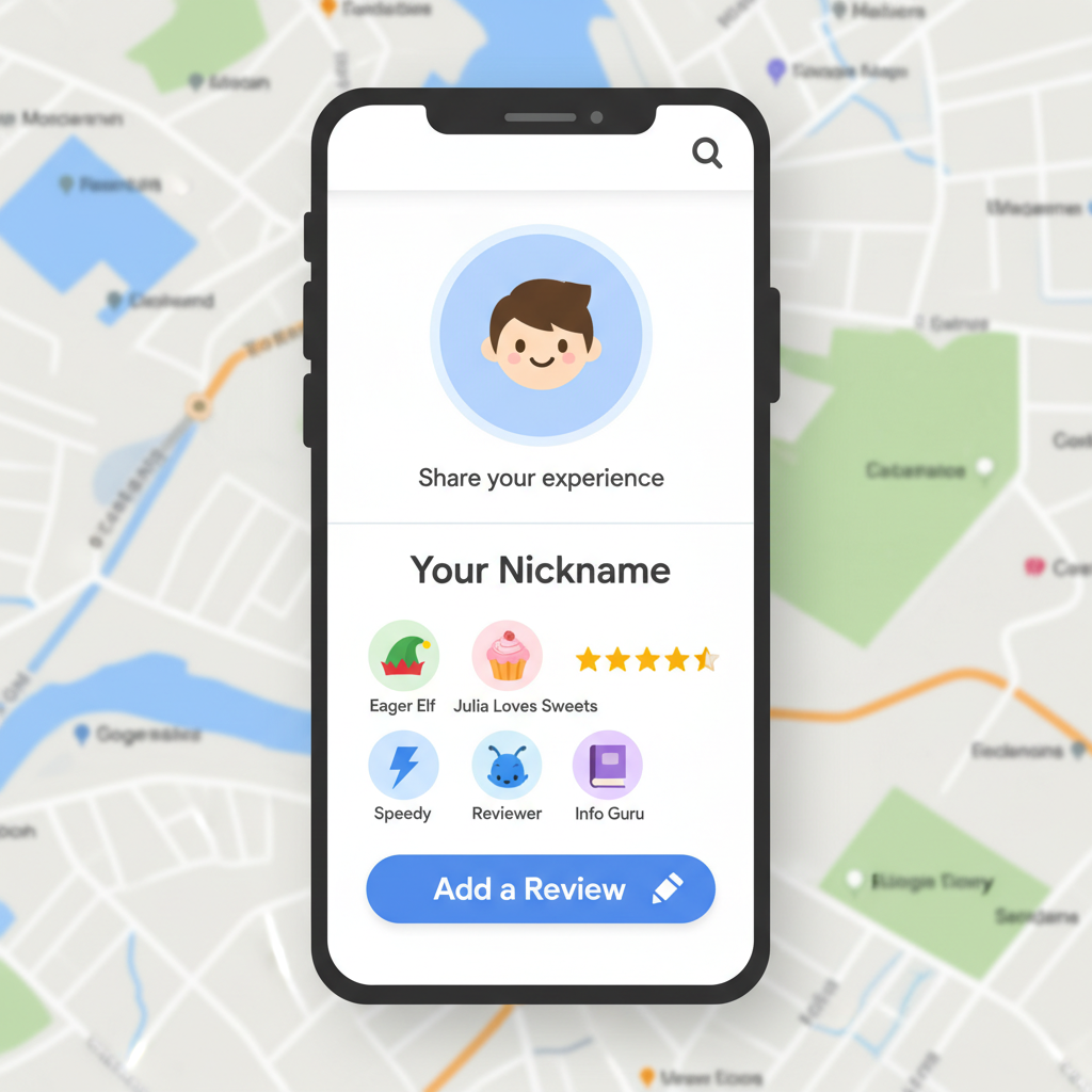 A clean, modern infographic illustrating the new nickname review feature on Google Maps. It shows a smartphone screen with a review section, featuring various playful nickname icons like "Eager Elf" and "Julia Loves Sweets," alongside a star rating. The background is a soft, textured map. No visible text, bright and balanced lighting.