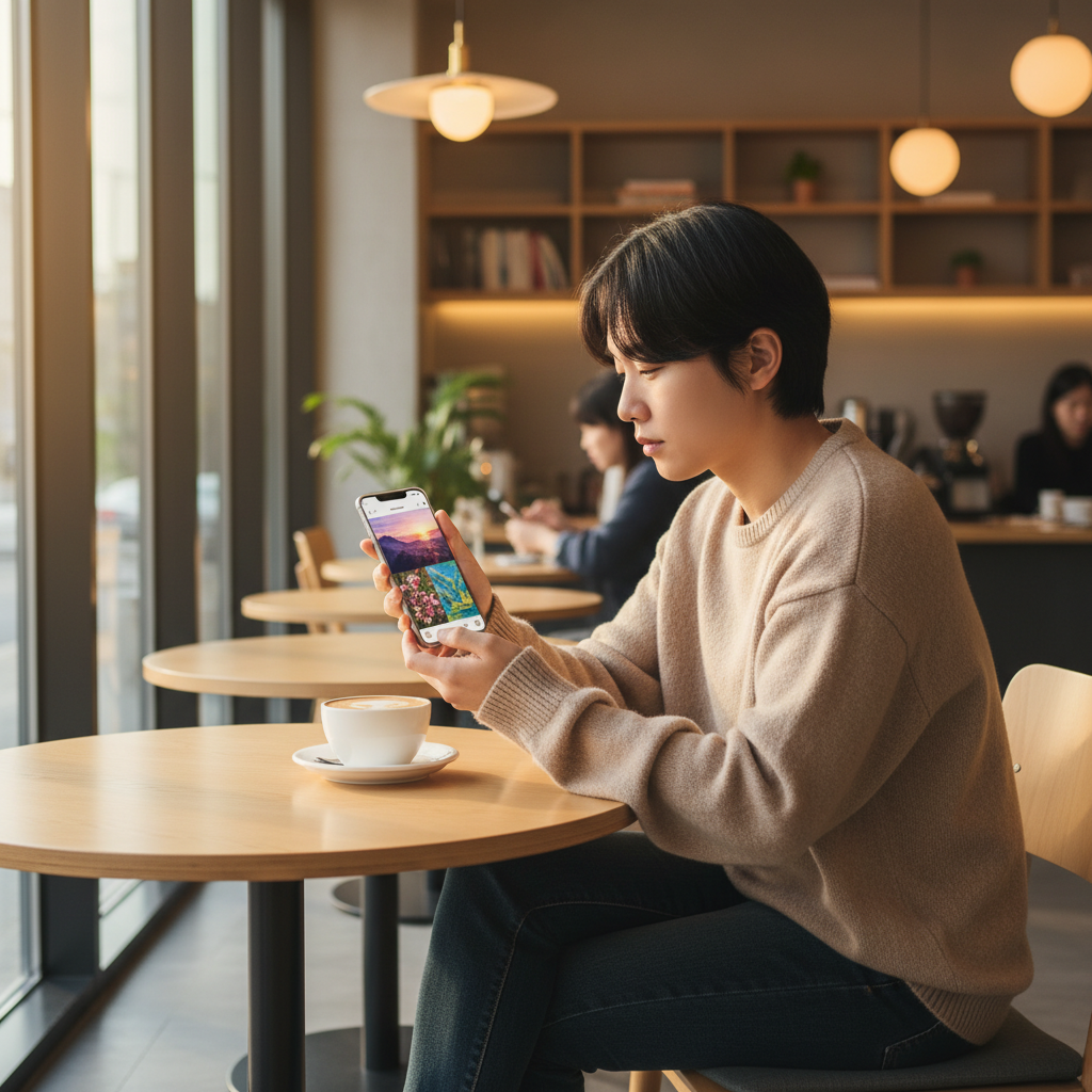 A lifestyle scene showing a person sitting at a modern cafe table, using their smartphone with the Google app open. The phone screen displays a gallery of colorful inspirational images. Natural daylight through window, warm coffee shop ambiance with blurred background. Korean person with casual attire. No visible text on phone screen.