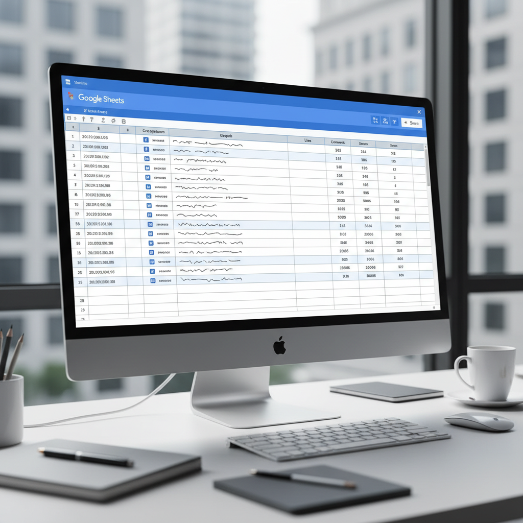 Realistic screenshot-style image of Google Sheets interface with data rows and columns visible. Clean spreadsheet layout with sample social media content data. Bright office lighting, professional workspace atmosphere. No text.