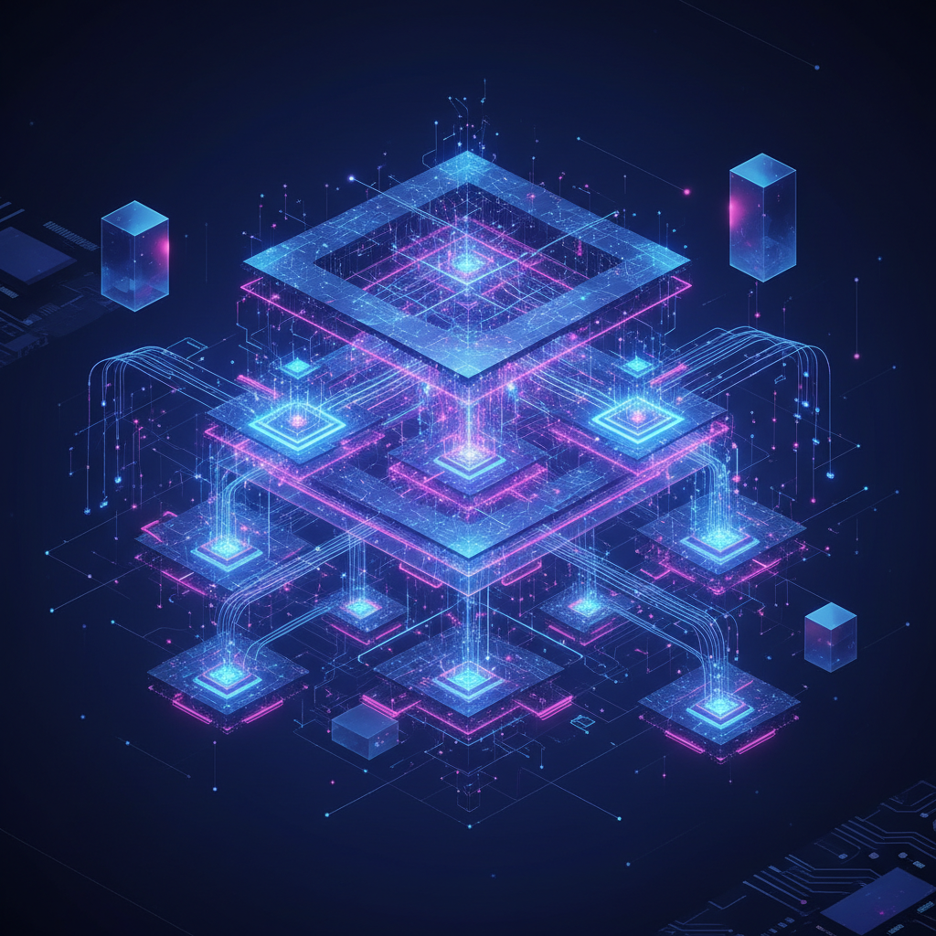 A sophisticated visualization of Google Gemini AI model architecture with neural network patterns, glowing data streams, futuristic technology concept, deep blue and purple gradient background, high-tech digital illustration style, no text in image